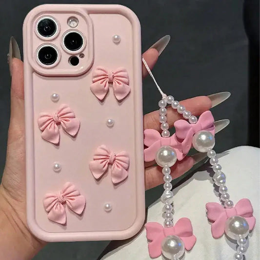 Korean 3D Bowknot Pearl iPhone Case with Lanyard