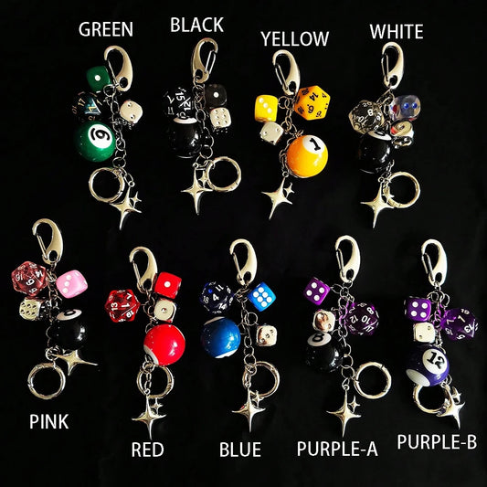 Star Dice & Black Eight Ball Keychain - Cool Resin Pendant