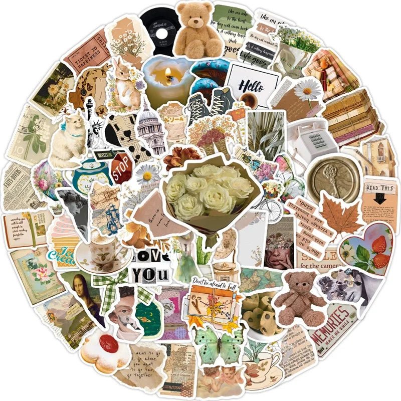 🌿 Vintage Aesthetic Sticker Pack – 100+ Cozy Vibes | 10/30/50/100PCS  🧸✨